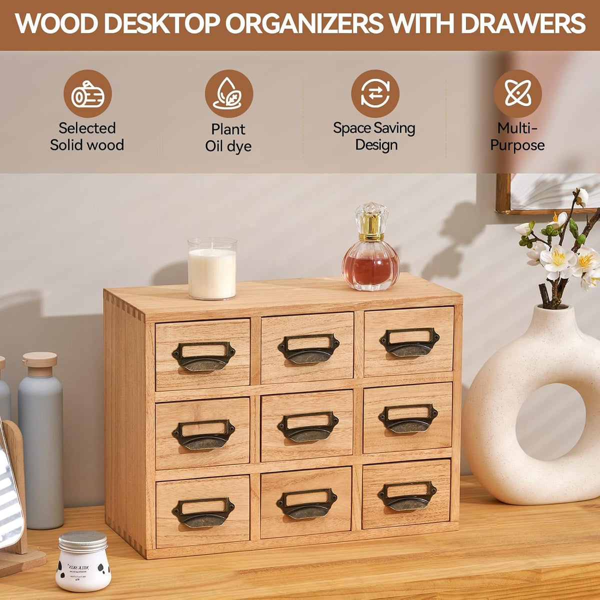 KIRIGEN Wooden Desk Organizer with 9 Drawers, Storage Cabinet, Natural