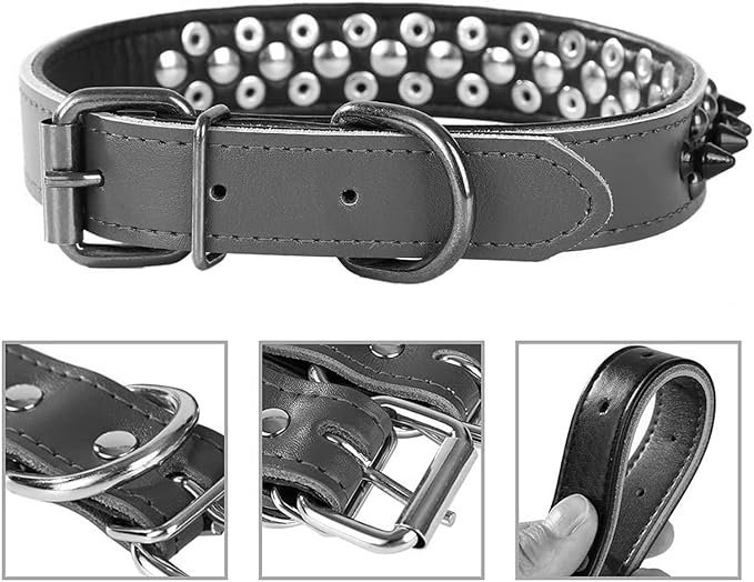 Spiked Studded Dog Collar, Genuine Leather Dog Collar, Adjustable Pet Collars for Medium Large Bulldog Pitbull Mastiff Poodle Boxer (M:29-38cm, Black)