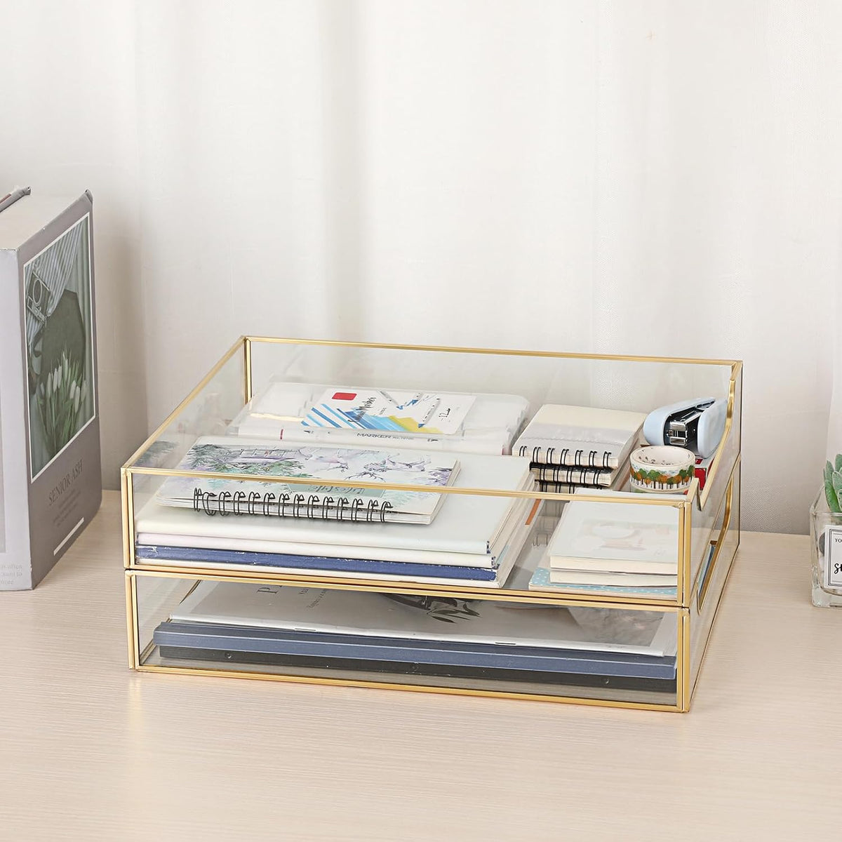 BTSKY 2 Pack Golden Glass Desk Tray, Multi-Purpose Organizer for A4 Paper, Documents, Desk Supplies, Makeup, Clear File Tray with Metal Frame, Stackable Decorative Storage for Home Office Vanity