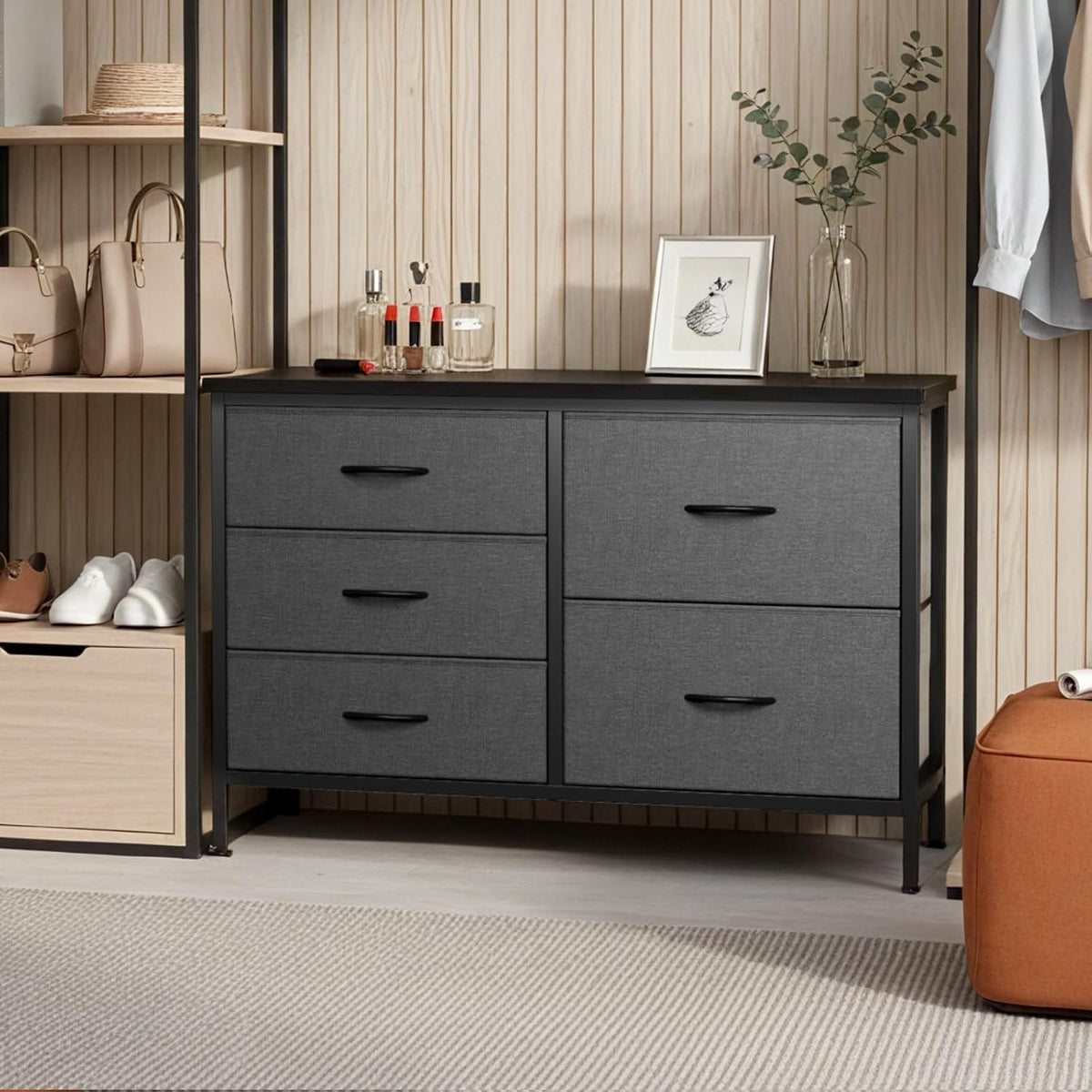 DUMOS TV Stand for Bedroom with 5 Drawers, Storage Chest of Drawers