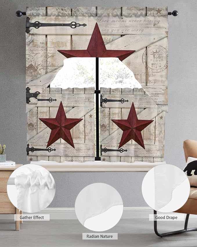 Village Stars Swag Kitchen Curtains Valance and Tier Set, Vintage Dark Red Star