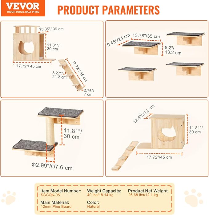 VEVOR Wall Mounted Cat Shelves, Cat Wall Shelves and Perches with Jumping Boards, Cat Beds, Hammocks & Cat Tree, Cat Furniture and Shelves up to 40 lbs for Sleeping, Playing, Climbing, Set of 9