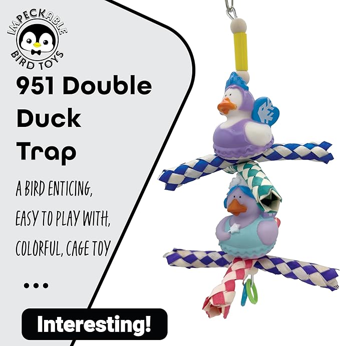 951 Double Duck Trap Bird Toy with Rubber Ducks Bamboo Finger Traps and Plastic Rings – Handcrafted Great for Small to Medium Size Birds