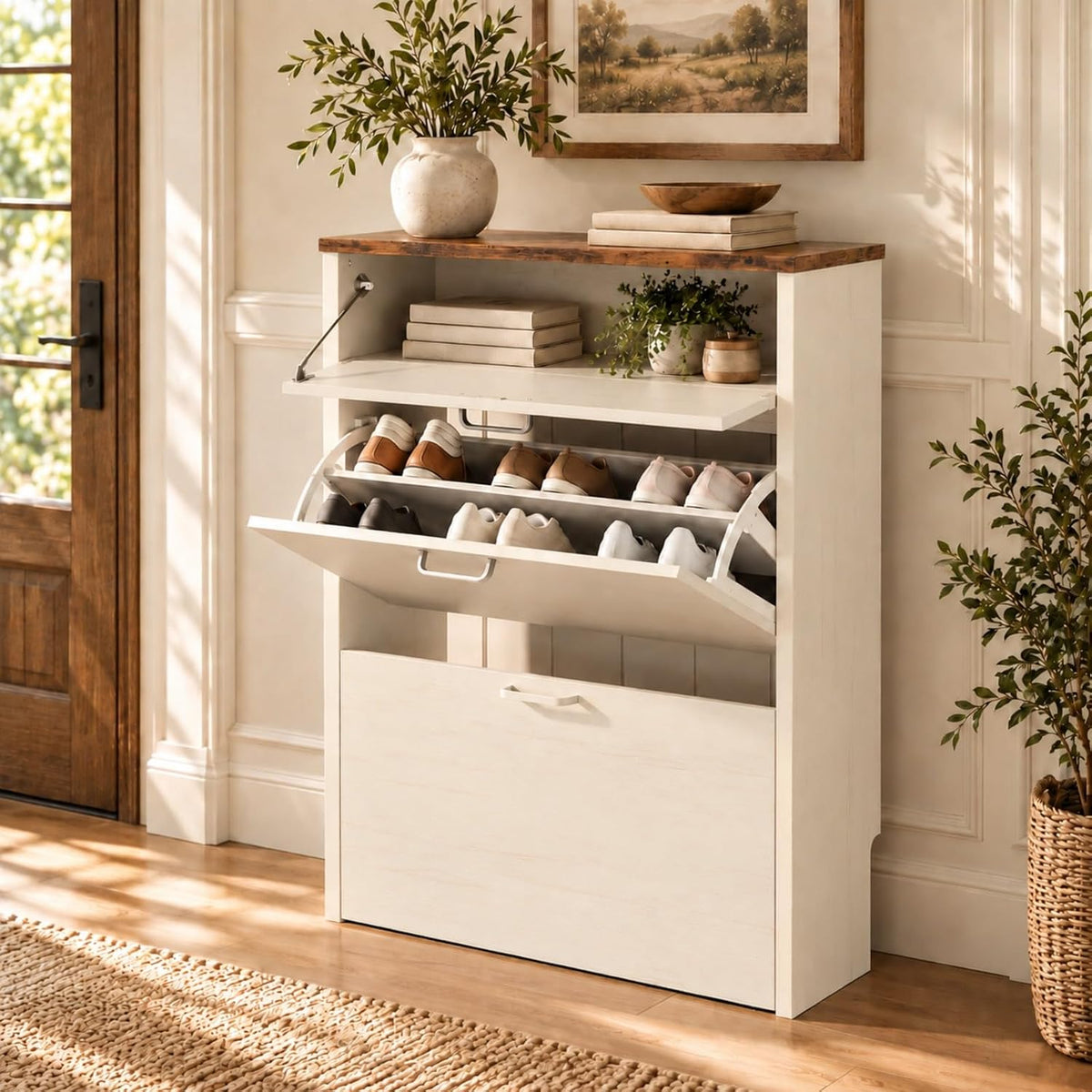 VINGLI Shoe Cabinet Storage for Entryway,Rustic White Narrow Shoe Rack,25"W