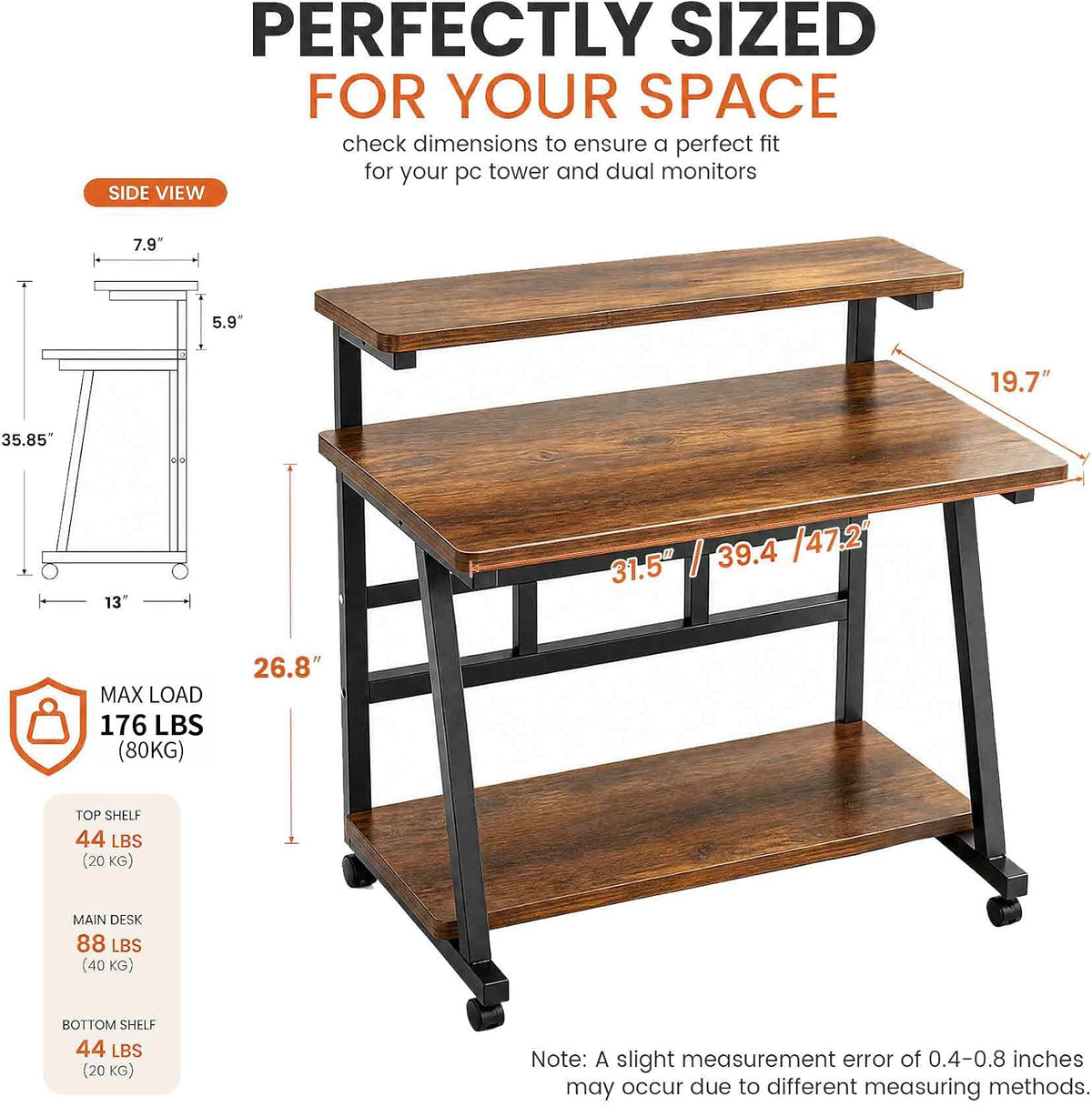 Rolling Computer Desk, 31.5 Inch Small Desks For Small Space, Portable Small Computer Desk with Monitor Stand & 3-Tier Storage, Portable Desk on Wheels for Writing, Home Office, Small Desk for Bedroom