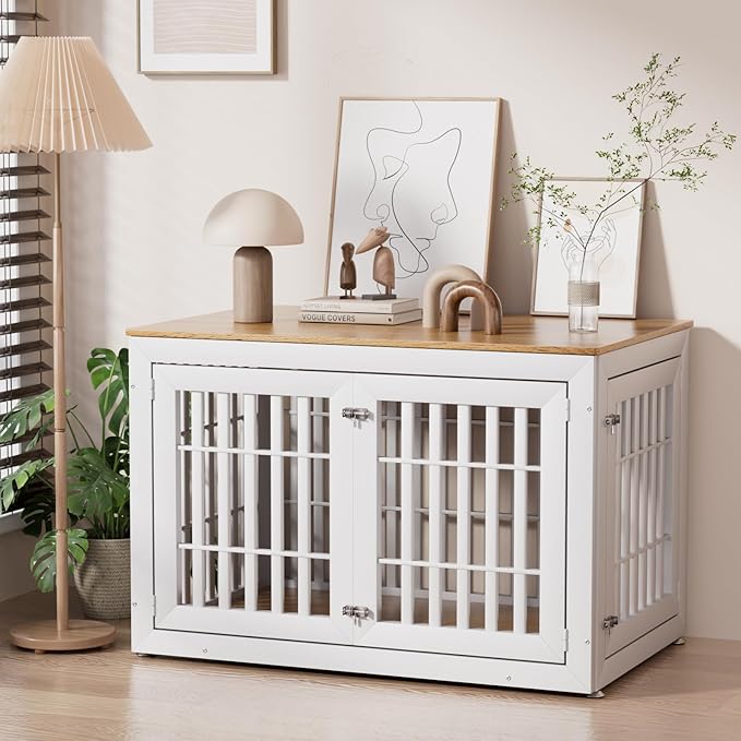 48" Heavy Duty Dog Crate Furniture for Small,Medium and Large Dogs,Rustic Wooden Dog Cage Kennel Indoor Furniture with Waterproof Top,Decorative Pet House Side End Table (White & Wood)