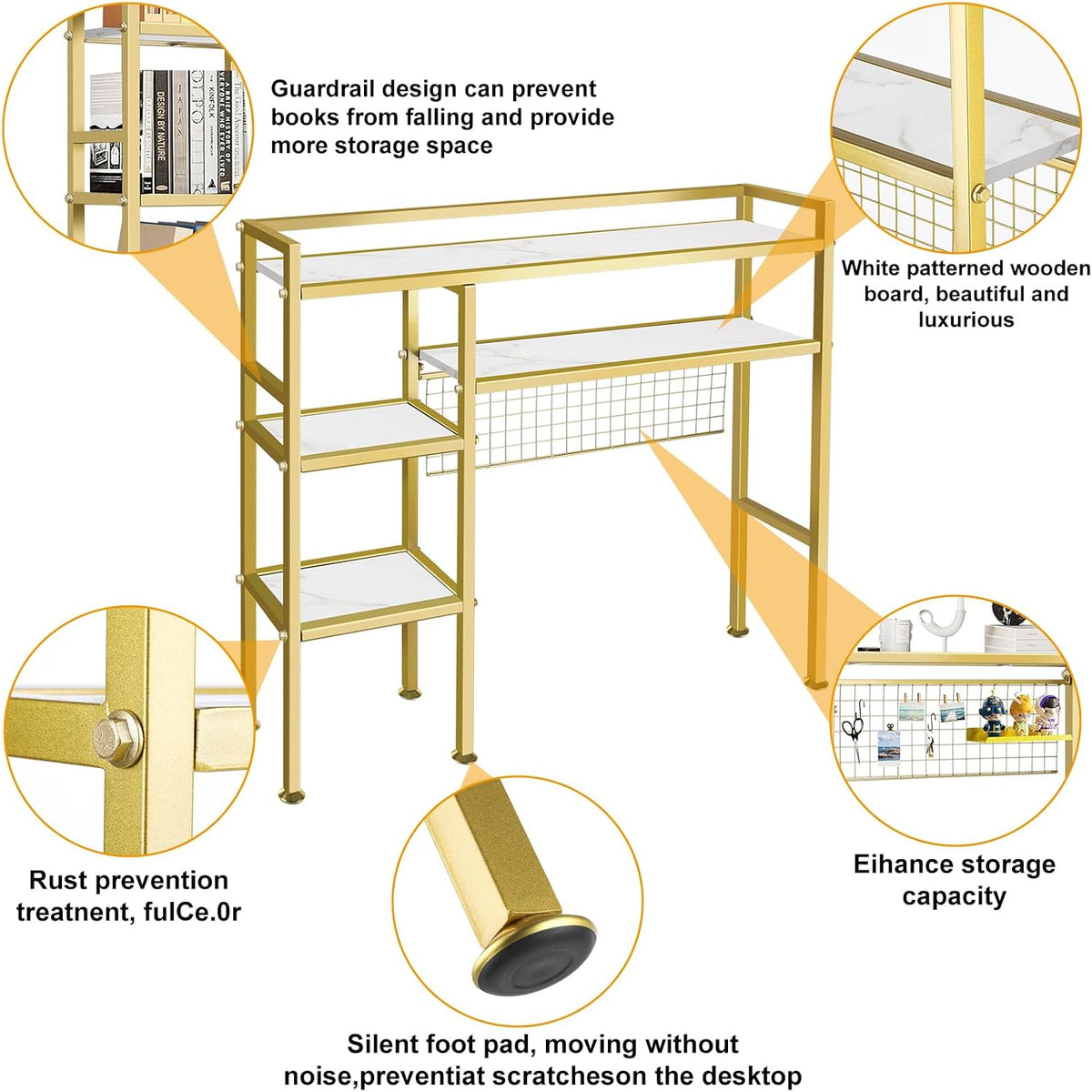 Desk Shelf with Grid Panel, 37.5" Desktop Hutch Organizer, 4-Tier Desk Bookshelf for Computer Desk, Metal & Wood Desktop Storage Rack for Home Office, Dorm, Study Desk, Gold