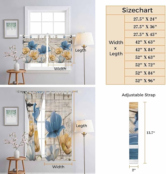 Blue Yellow Tulips Bathroom Curtains 63 Inch Length, Window Curtains Tab Top