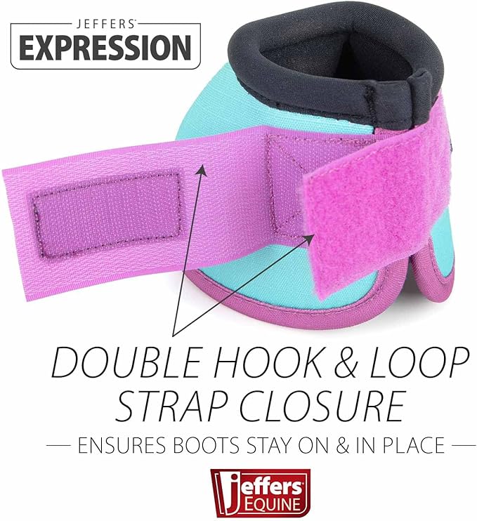 Jeffers Expression No Turn Bell Boots for Horses - Turquoise & Purple, Medium | Shock Absorbing Hoof Protection | Secure Double Hook & Loop Closure, Perfect for Turnout, Training, & Riding - 1 Pair