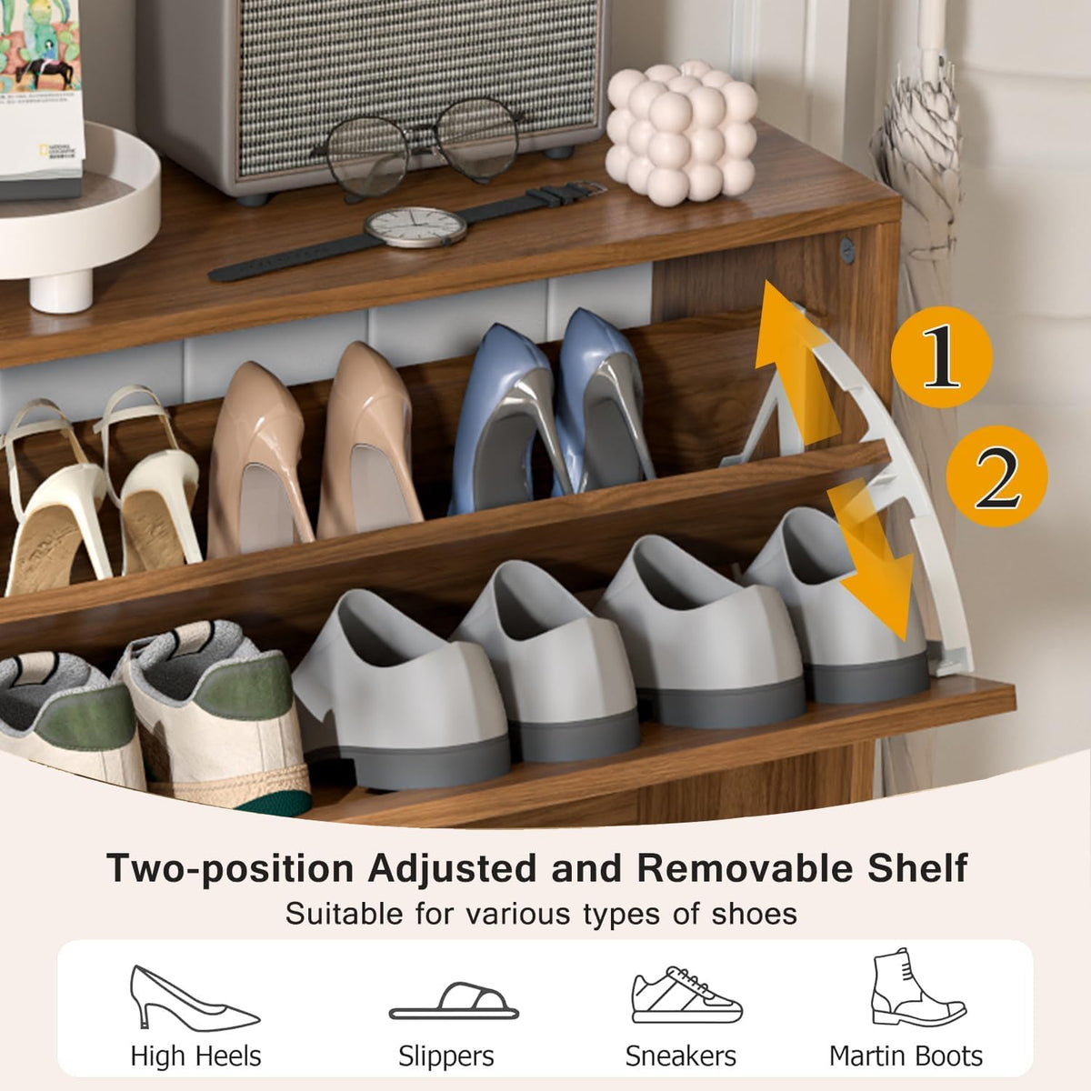 Fsbecl Shoe Cabinet Storage for Entryway with 2 Fluted Flip Drawers, Modern Freestanding Narrow Shoe Organizer with Adjust Shelves, Wooden Hidden Shoe Rack for Foyer, Hallway, Walnut