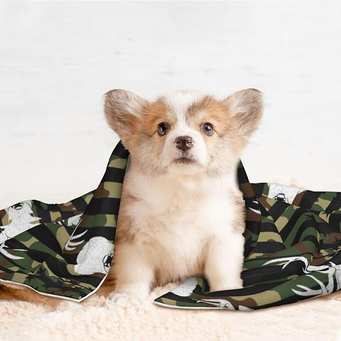 Pet Blanket for Indoor Outdoor Use, Cool Deer Camo Camouflage American Flag Hunting Black, Two Sided Reversible Plush Mat with Bumpy Dot Texture for Patios Crates Portable Bed Companion