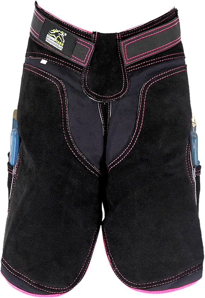 Equine Care Women’s Farrier Apron Chaps 23″ – Leather & Canvas, Adjustable 28–52″ Waist, EVA Padded Knees, Lumbar Support, 4 Knife Pockets & Nail Magnets for Hoof Trimming (Black with Pink Piping)
