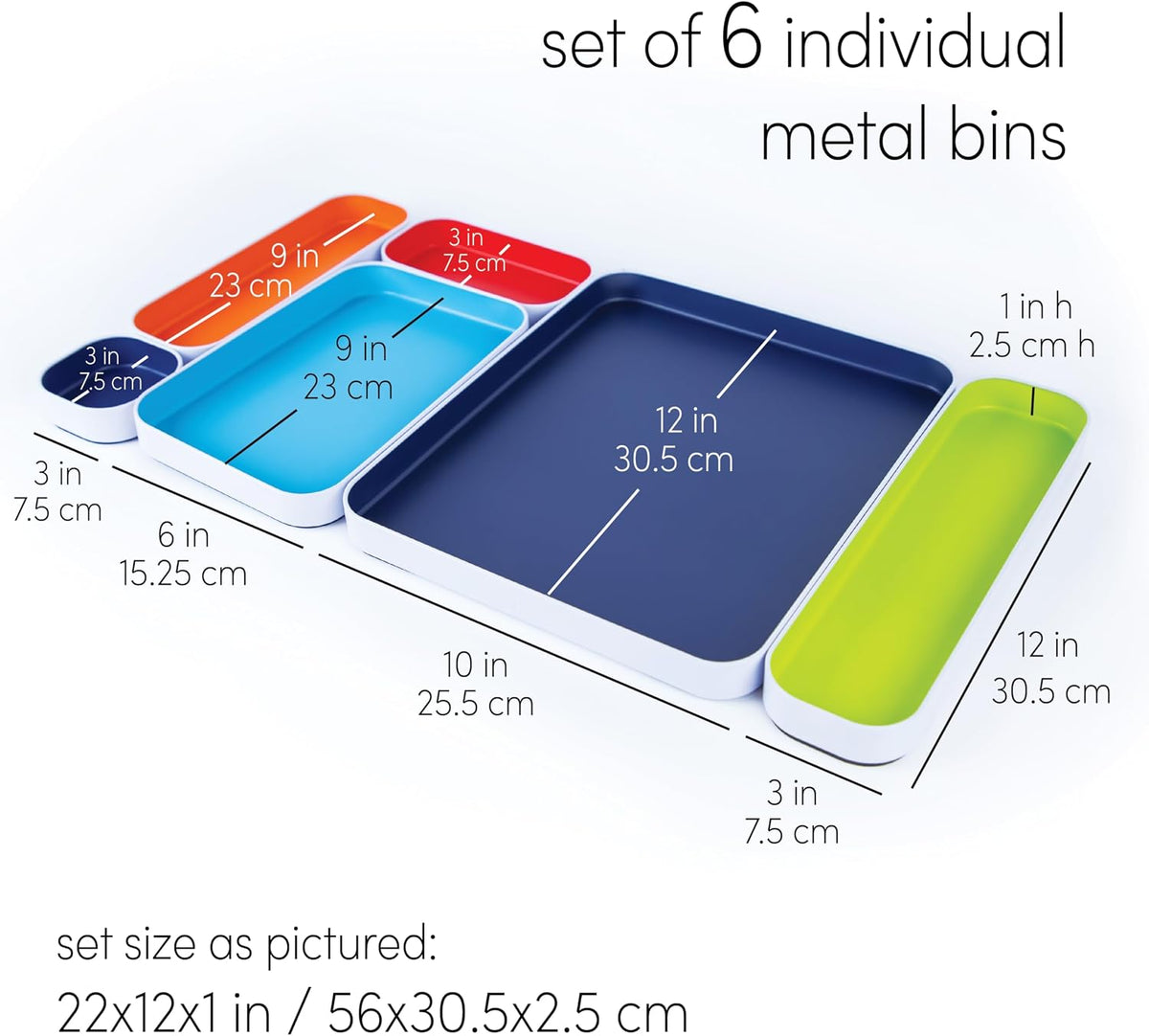 Three by Three Seattle Metal Drawer Organizer Tray Set, 6-Pc, 1" (Assorted)