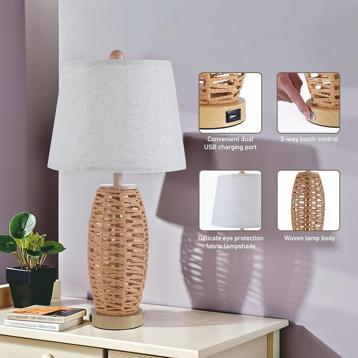 27" Rattan Table Lamps Set of 2, Touch Switch Nightstand Bedside Lamps with 2 USB Ports, Oatmeal Lampshade Wicker Lamp, Farmhouse Table Lamp for Living Room,Bedroom,Room Decor,End Table,Retro,Brown