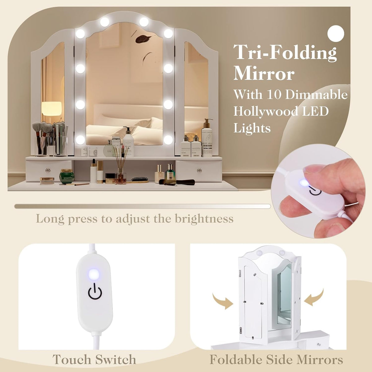 CHARMAID Vanity Desk with Mirror and Lights, Tri-Folding Lighted Mirror
