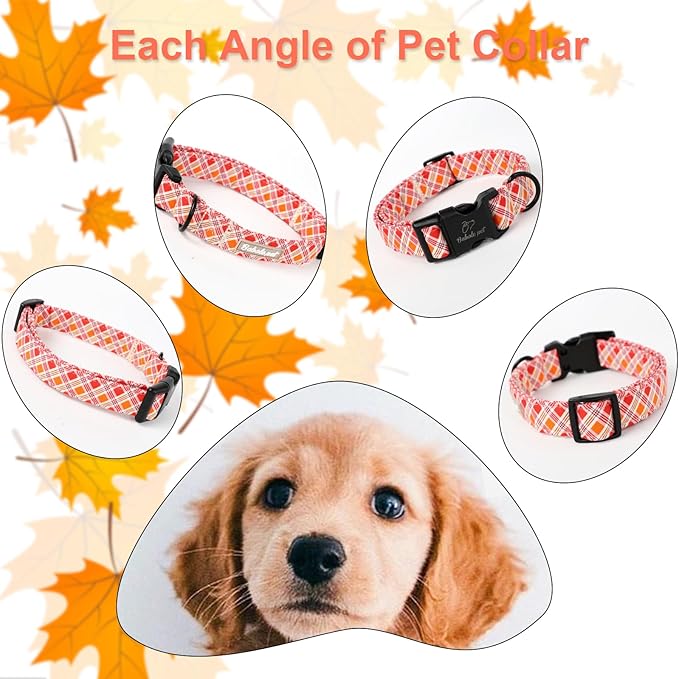 Fall Dog Collar, Fall Orange and Red Plaid Puppy Collar, Adjustable Cotton Holiday Tanksgiving Dog Collars for Small Medium Large Boy&Girl Dogs L