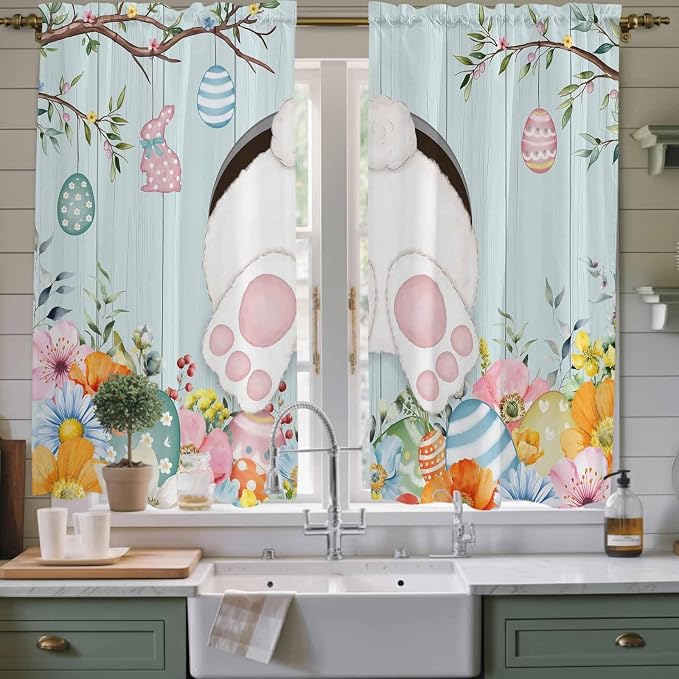 Easter Bunny Window Curtains 63 Inch Long 2 Panel Set, Rod Pocket Bedroom