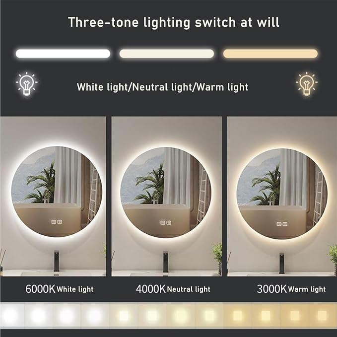 3 Colors LED Bathroom Mirror, Lighted Bathroom Makeup Wall Mounted Mirror