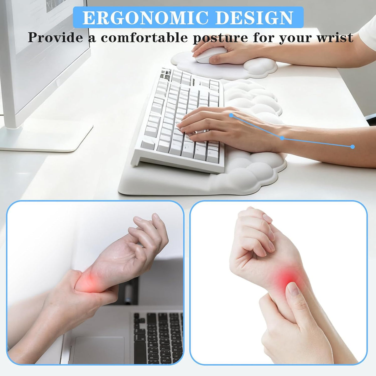 Computer Keyboard Stand with Wrist Rest, Ergonomic Tilted Keyboard Holder - Keyboard Riser with Wrist Pad - Keyboard Tray Support for Office Home -Cloud White Set
