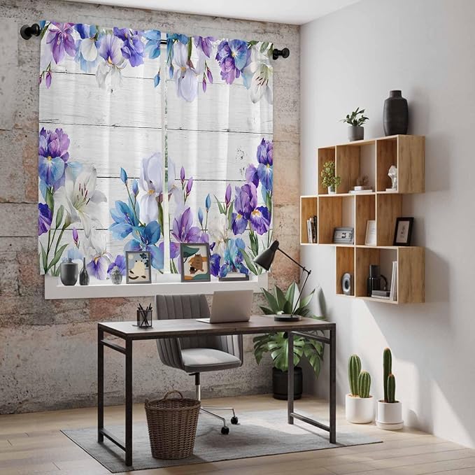 Spring Flowers Kitchen Curtains, Watercolor Garden Florals Wooden Grain Light