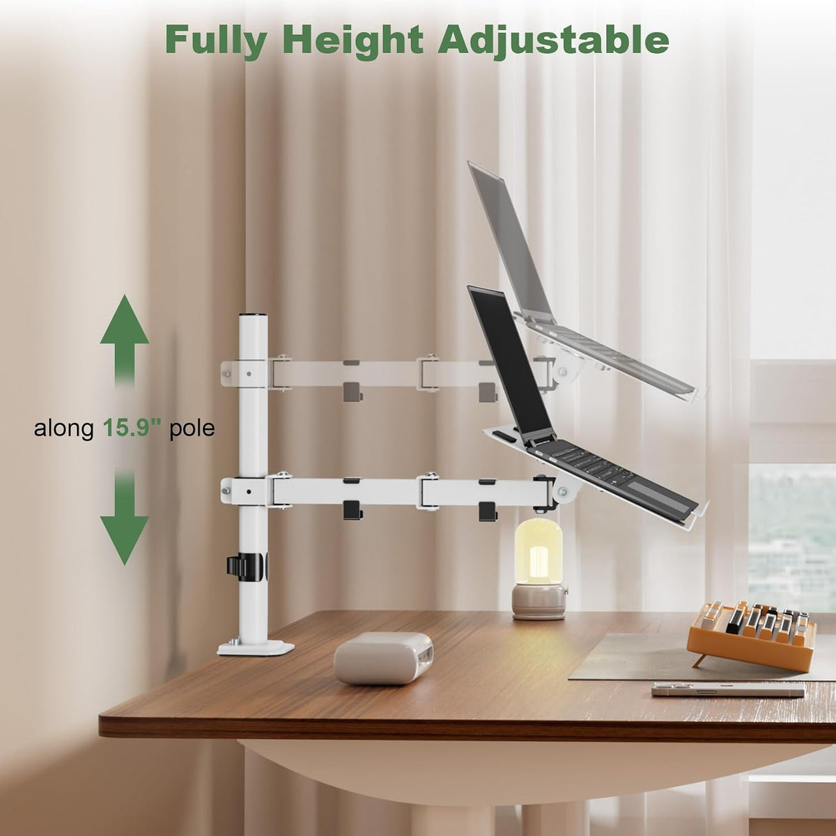 UPGRAVITY White Laptop Desk Mount with Vented Tray for Notebook up to 17 inch, Fully Adjustable Single Laptop Arm Stand Holds up to 17.6 lbs, Clamp on/Grommet Mounting