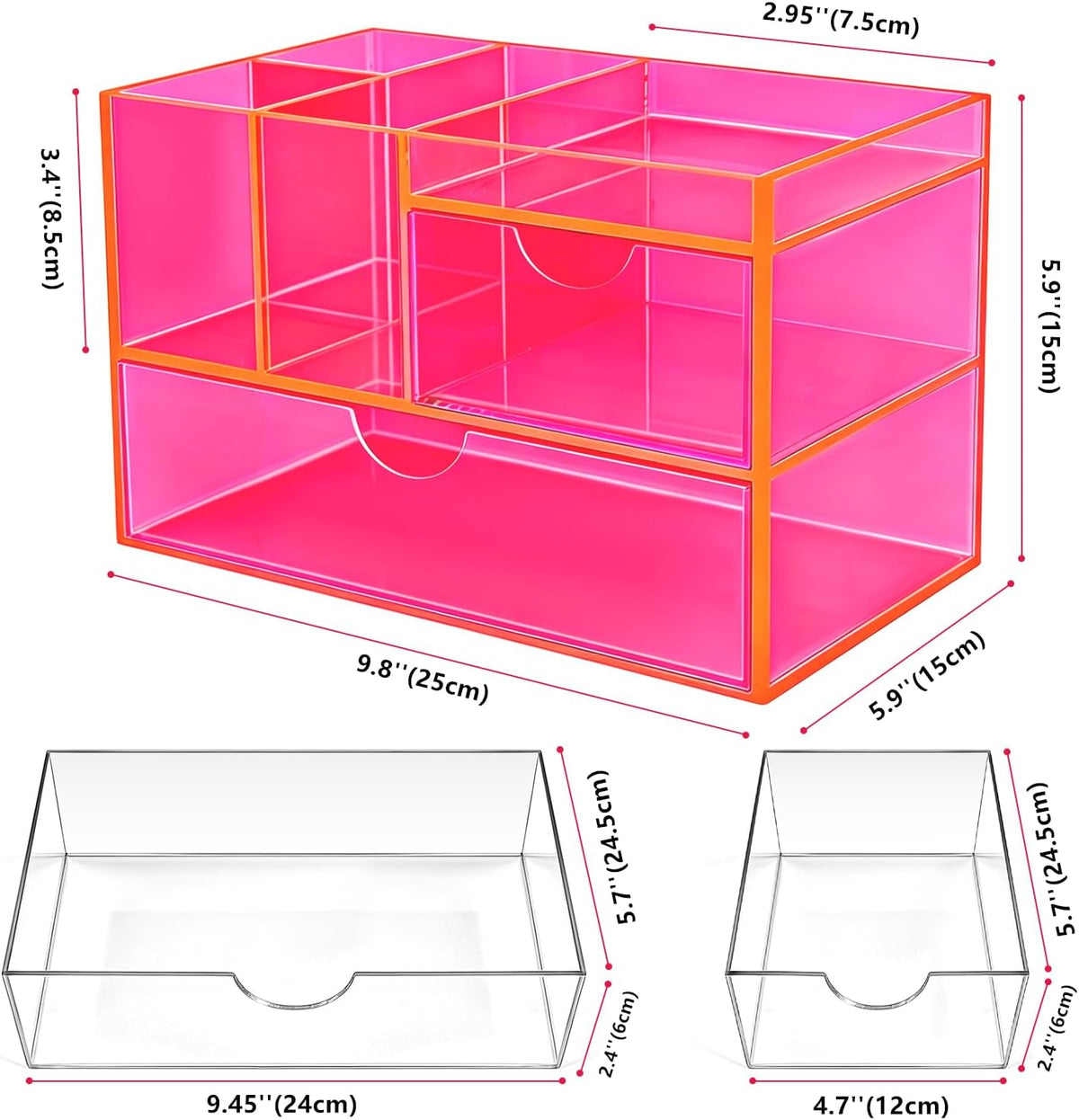 Desk Organizer with Drawers Acrylic Desktop Organizer Pen Holder Caddy for Office Supplies Makeup Organizer for Vanity, Neon Pink