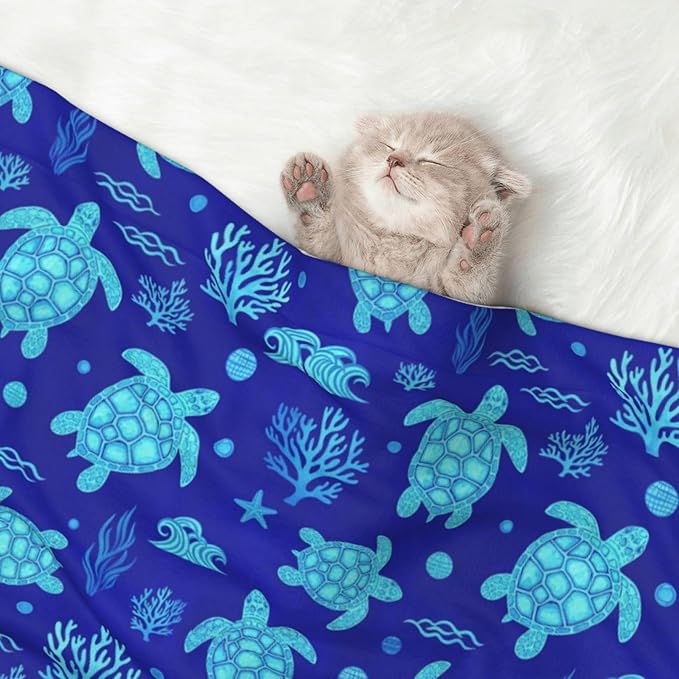 Reversible Plush Throw for Dogs and Cats, Watercolor Blue Sea Turtle, Double Sided Blanket with Nubby Dot Side and Sleek Side Ideal for Cuddling Nesting Security
