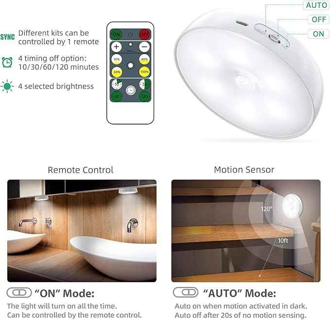 LED Closet Motion Sensor Step Lights, USB Rechargeable Battery Operated Puck