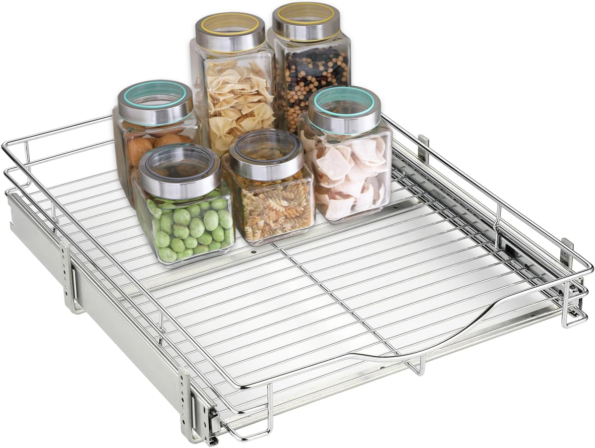 DINDON Pull Out Cabinet Organizer, (11" W x 21" D) Heavy-Duty Metal Sliding Drawer Shelf, Bathroom Under Sink Kitchen Cabinets Organizer and Storage Slide Out Shelves, Chrome, 1 Tier, 2 Pack