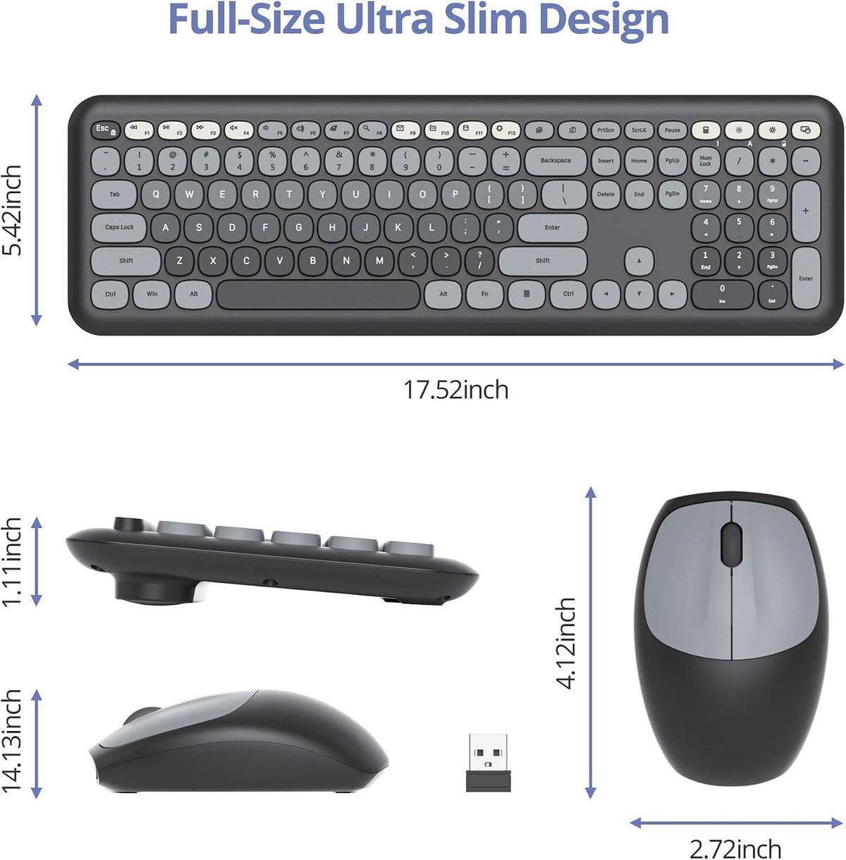 Wireless Typewriter Keyboard and Mouse Combo Retro 104 Key Full Size Office Set Black and Gray Keyboard with Silent Round Keycaps, Ideal for Laptop and Desktop PCs, Cute Design Keyboard