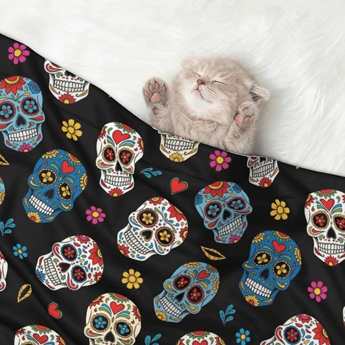 Reversible Plush Throw for Dogs and Cats, Day of The Dead Sugar Skull, Double Sided Blanket with Nubby Dot Side and Sleek Side Ideal for Cuddling Nesting Security