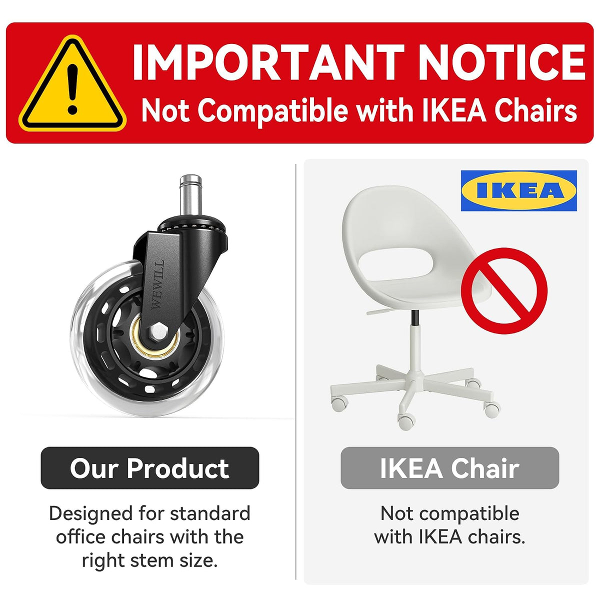 WEWILL Office Chair Wheels - Rubber Casters Replacement Universal Fit 98% Chair(Set of 10) Heavy Duty 3 Inch Smoothly & Quietly Safe for All Floor, Hardwood, Tile, Carpet, Noise Free