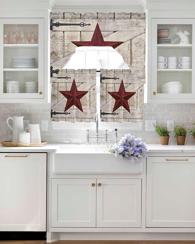 Village Stars Swag Kitchen Curtains Valance and Tier Set, Vintage Dark Red Star