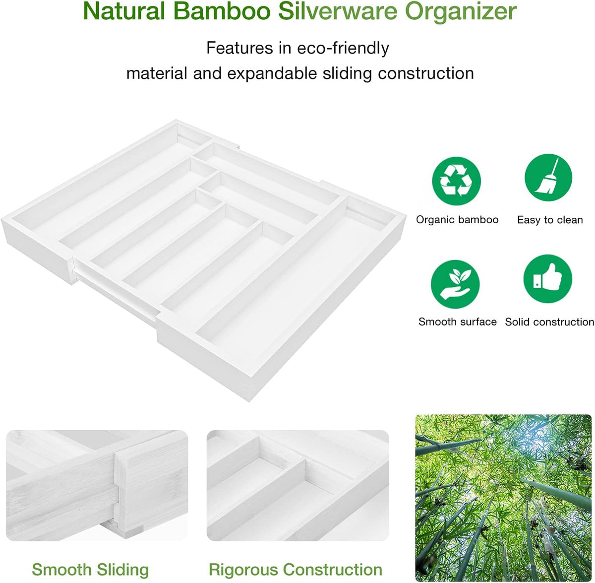 Pipishell Expandable Bamboo Silverware Drawer Organizer, White, Large
