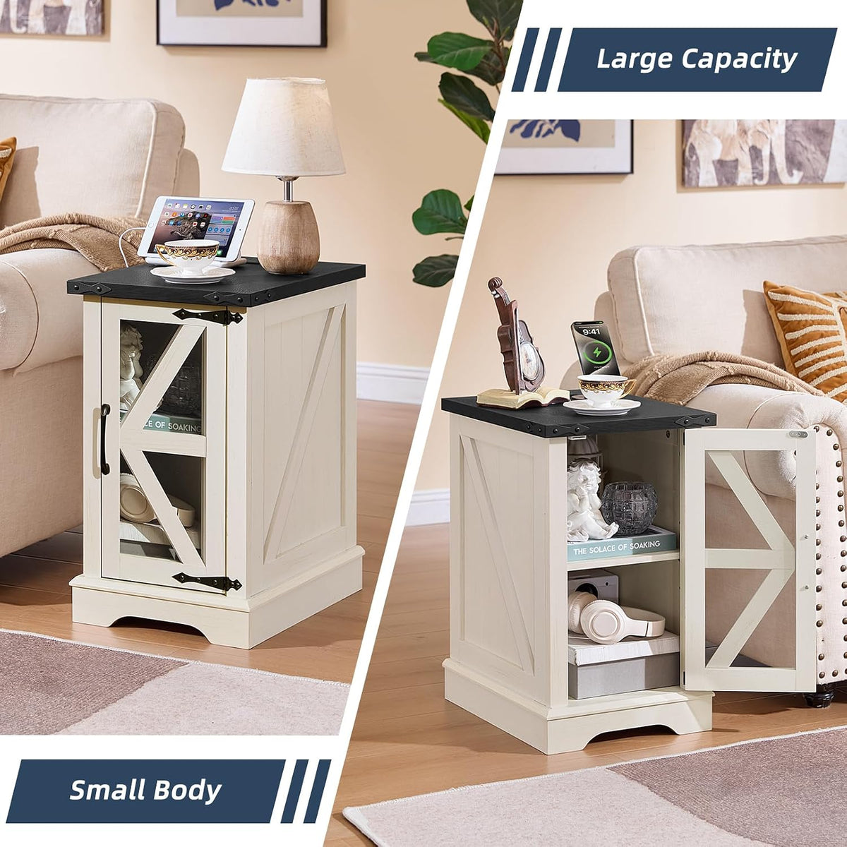 Joaxswe Narrow Night Stand with Charger Station, Glass Barn Door