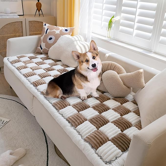 FunnyFuzzy Cream-Coloured Plaid Square Pet Mat Bed Couch Cover, Winter Thickened Dog Bed Cover Pet Blanket Sofa Couch Furniture Protector For Kids Dog Cat(Size:27.6*59.06 in,Color:Dark Brown)