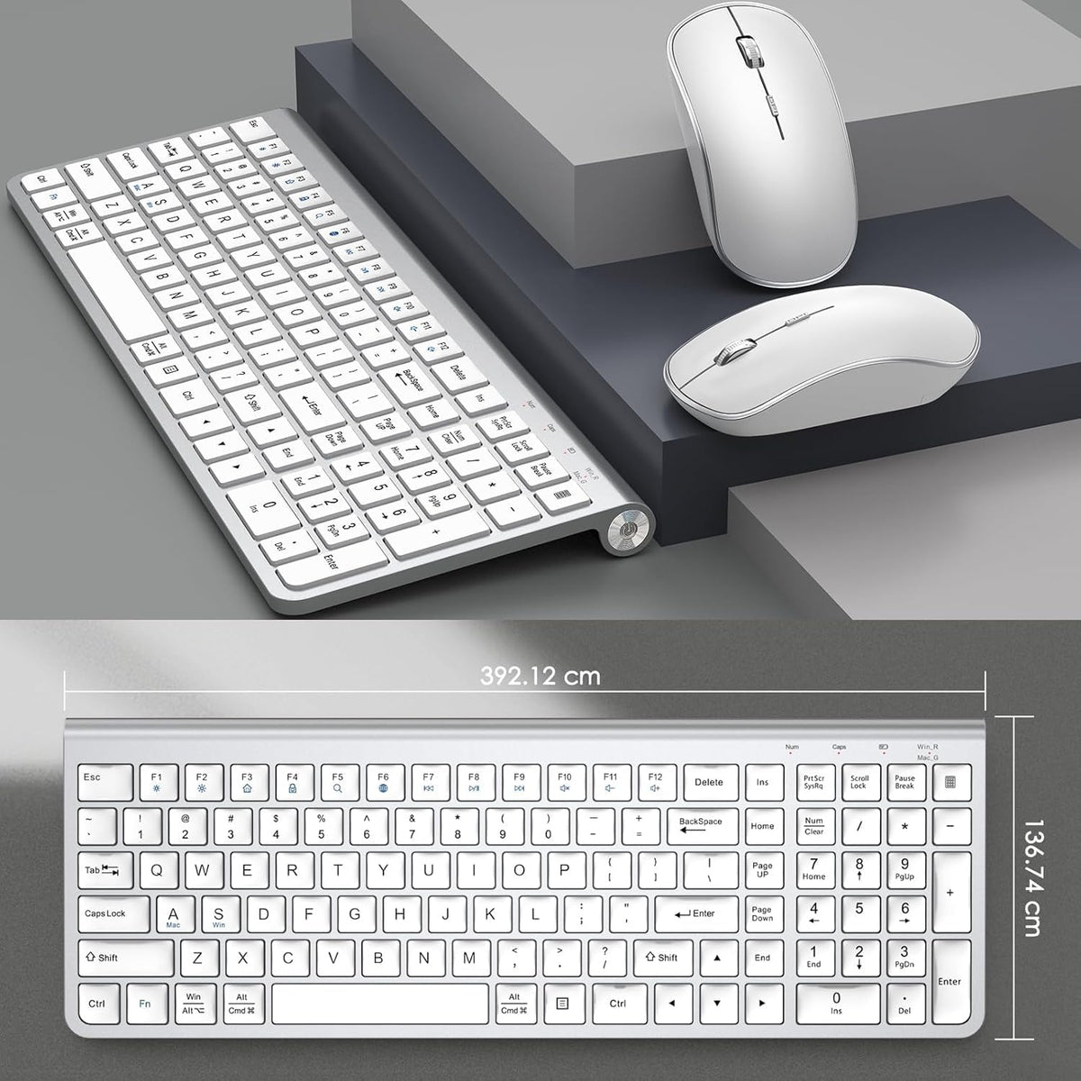 JOYACCESS Wireless Keyboard and Mouse, Ergonomic,Dustproof and Portable Wireless Keyboard with Number Keypad, Adjustable DPI Computer Mouse for Laptop,PC, Windows-Silver White