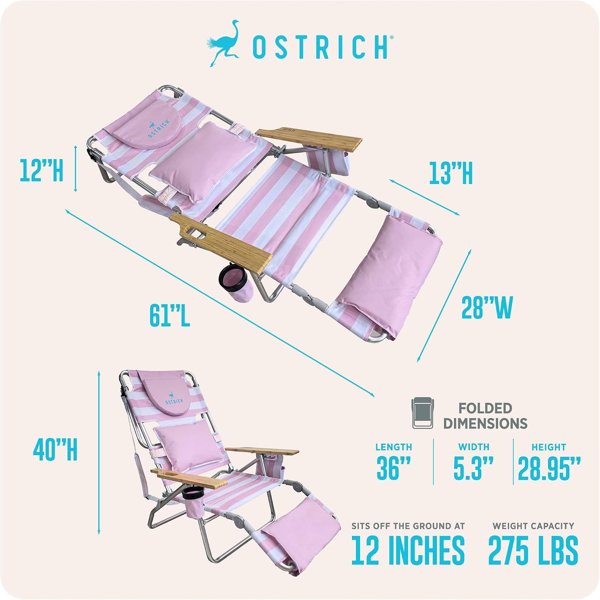 Ostrich The Deluxe 3N1 Lightweight Lawn Beach Reclining Lounge