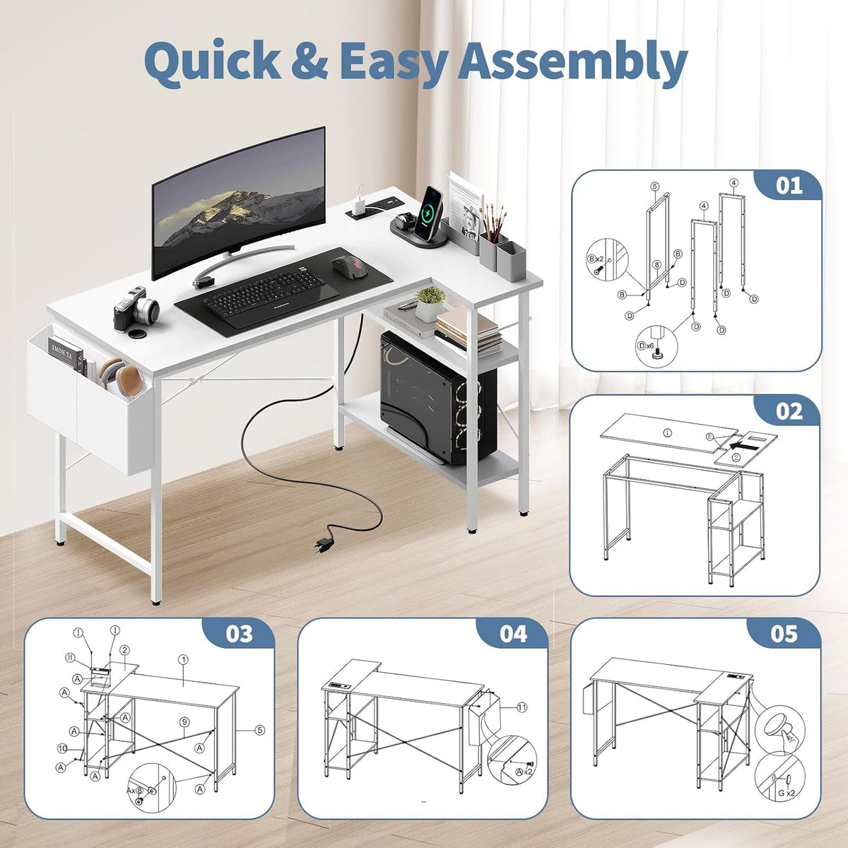 DUMOS Corner Gaming Desk with Power Strip, Storage Shelves and Drawers
