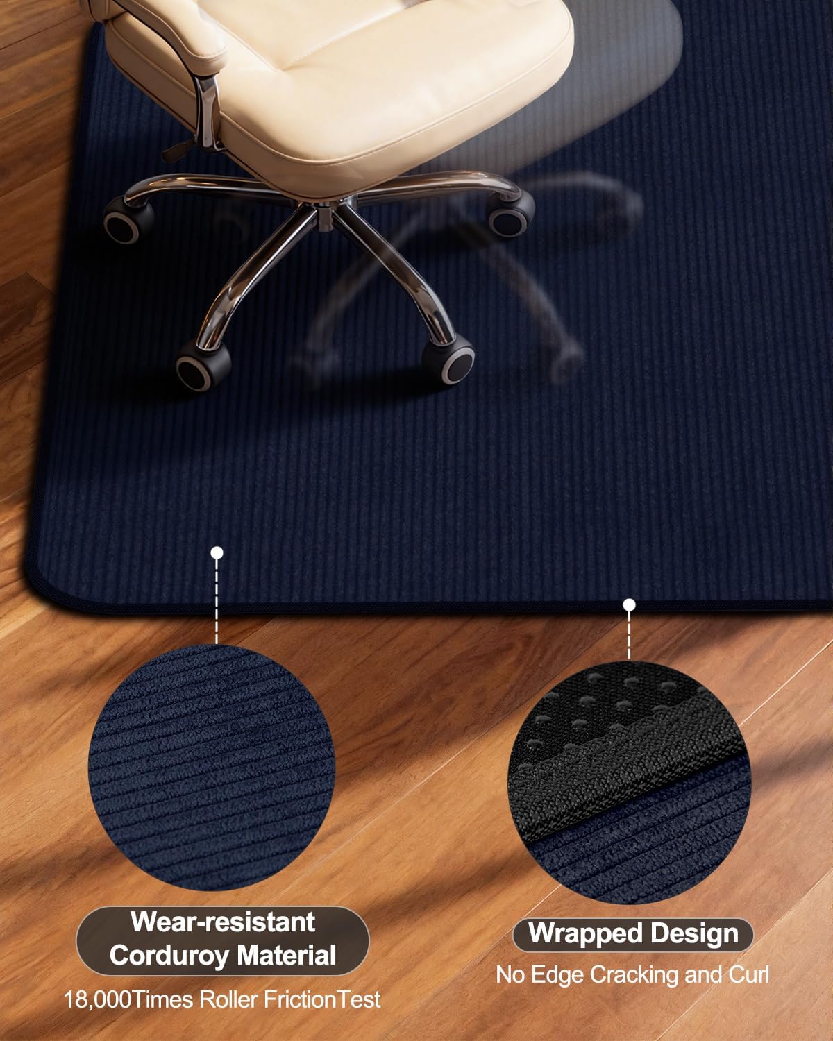 Blvornl Corduroy Office Chair Mat for Hardwood Floor and Low Pile Carpet, 35.4" x 47.3" Non-Slip Desk Rolling Chair Mat for Hard Floors, Heavy Duty Carpeted Floor Protector Rug for Home, Dark Blue