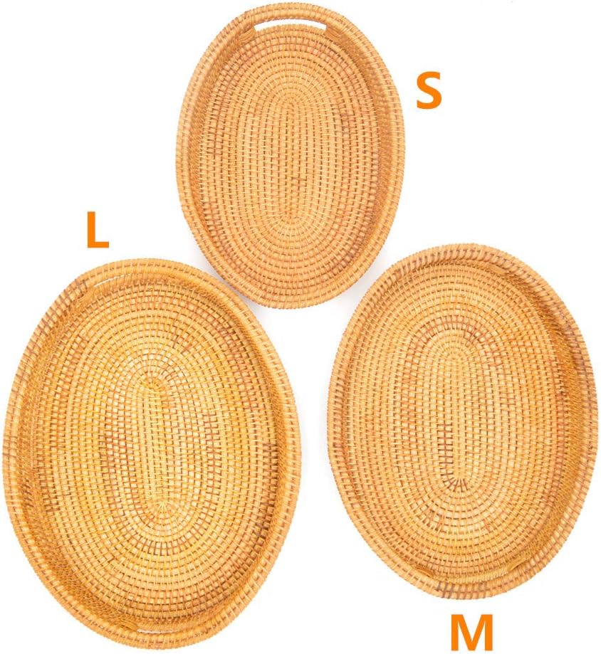 3 Pack Handmade Oval Woven Basket Tray, 15 Inch Rattan Storage Baskets with Handles and 2 Inch Raised Side, Decorative Wicker Organizer Tray for Table Serving, Bread, Fruit, Catch All Dish, S, M, L