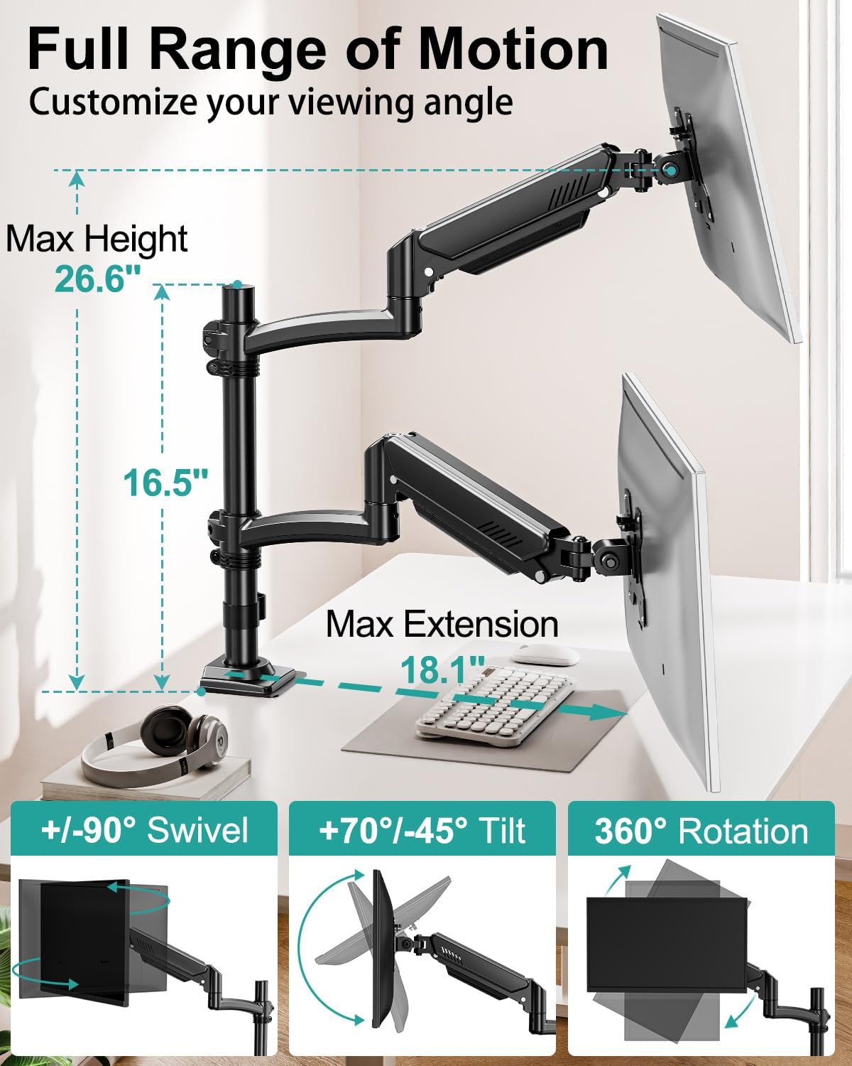 Dual Monitor Stand for 2 Screens up to 32 inch, Vertical Stacked Dual Monitor Mount, Full Motion Adjustable Tall Double Monitor Desk Mount, Each Arm Holds 4.4-22lbs, VESA 75/100mm, Black, Freelift