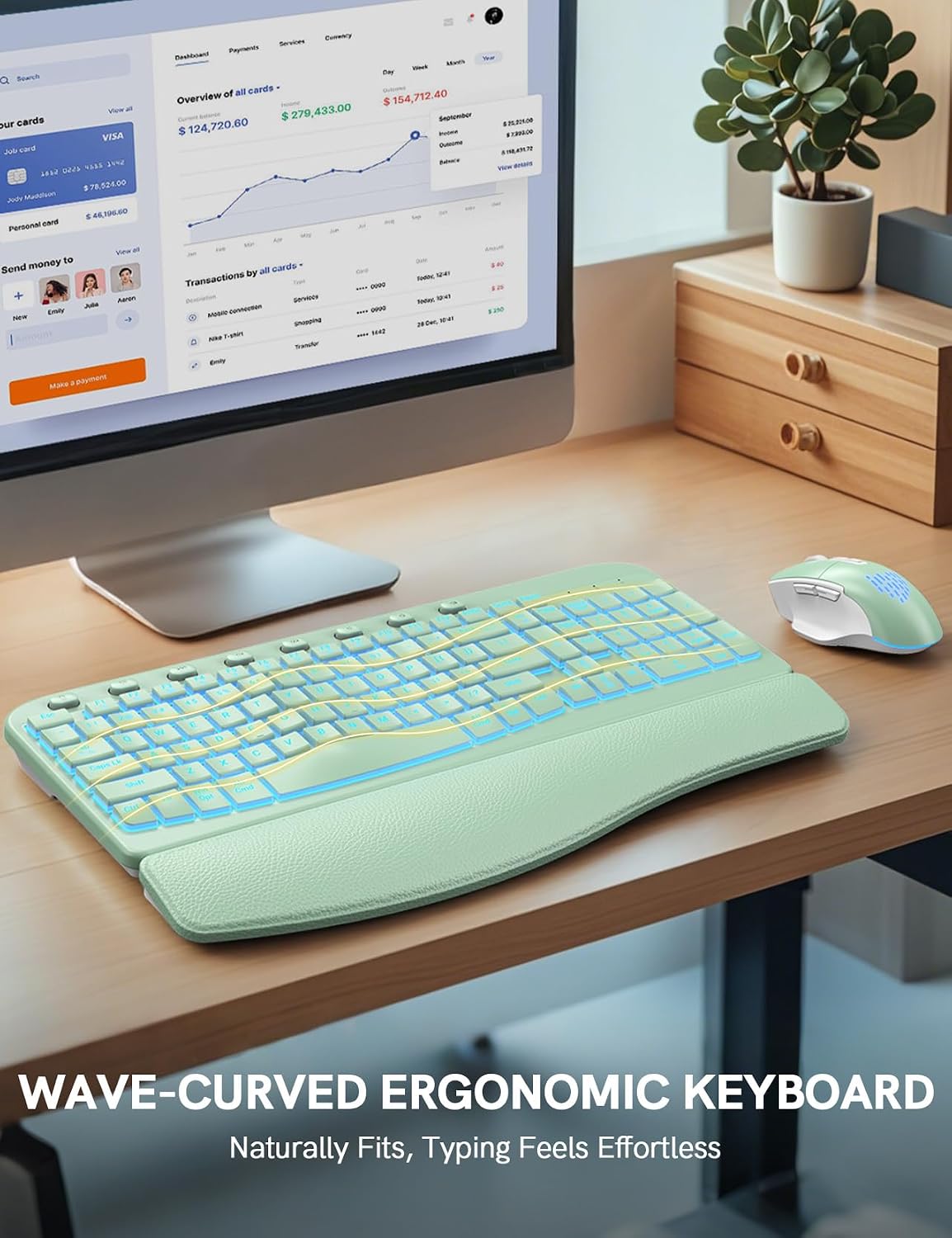 SABLUTE Wireless Keyboard and Mouse Combo, Ergonomic Wave with Wrist Rest