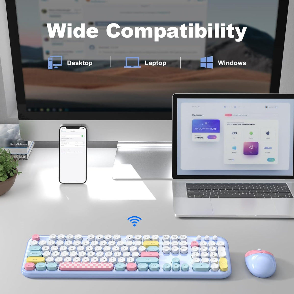 Atelus Wireless Keyboard and Mouse, Full Size Typewriter Keyboard and Cute Cat Shape Design Mouse Combo for Windows 7/8/10, Laptop, Desktop, PC, Computer (Blue)