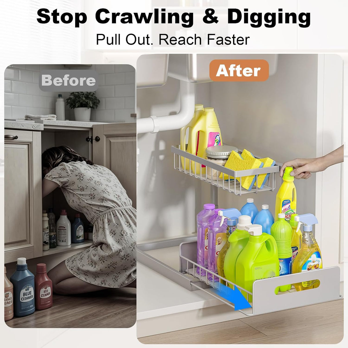 REALINN Under Sink Organizer, L-Shaped 2 Tier Pull Out Cabinet Organizer