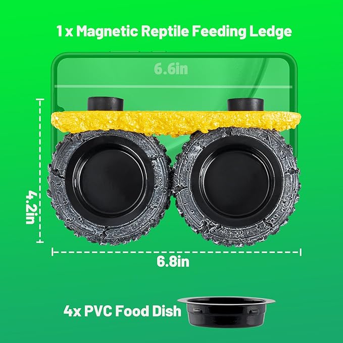 Gecko Gecko Feeder Ledge, Magnetic Reptile Feeding Ledge with 4 Food Bowls, Natural Tire-Design Resin Base for Bearded Dragon, Snake, Frog in Glass/PVC/Acrylic/Wood Tanks