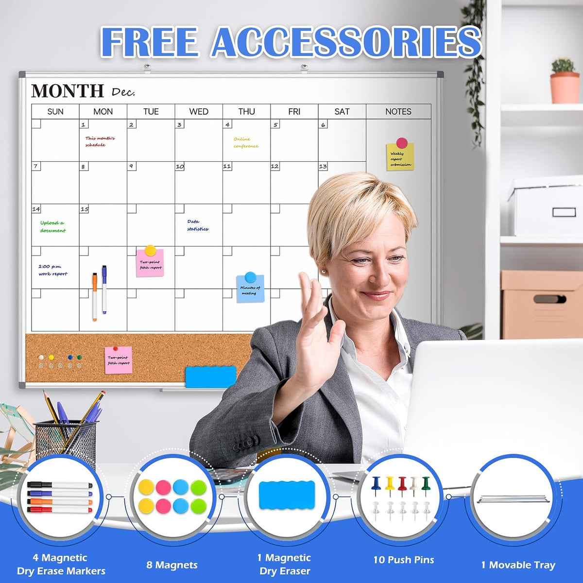 Large Dry Erase Calendar Whiteboard for Wall, 48" x 36" Month White Board