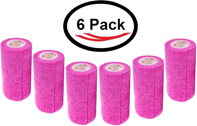 3 Inch Vet Wrap Tape Bulk (Fuchsia) (Pack of 6) Self Adhesive Adherent Adhering Flex Bandage Grip Roll for Dog Cat Pet Horse