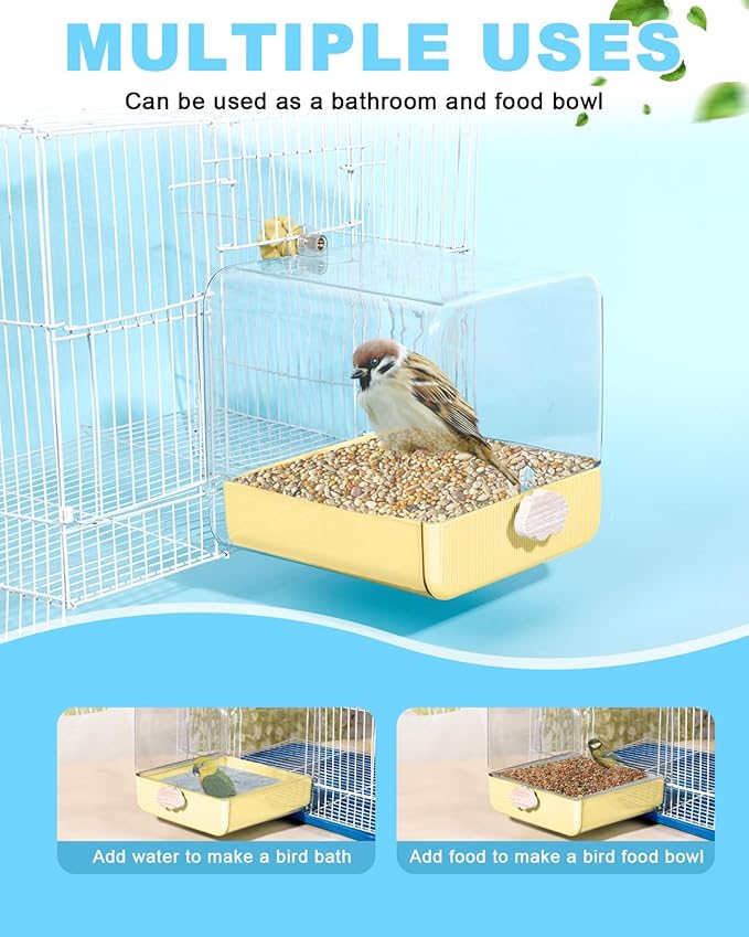 Hanging Bird Bath for Cage, 3 in 1 Multifunction Bird Bath/Bowl/House, Bird Cage Accessories Suitable for Small to Medium Birds Parakeet, African Grey, Conure, Cockatiel(6.8X6.8X6.8 inch Yellow)