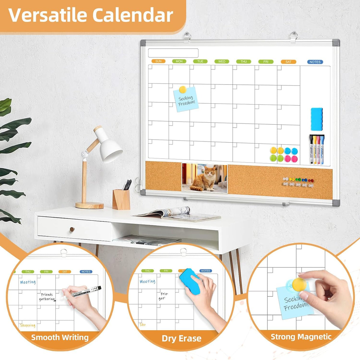 Calendar Whiteboard for Wall, 36" x 24" Dry Erase Monthly White Board